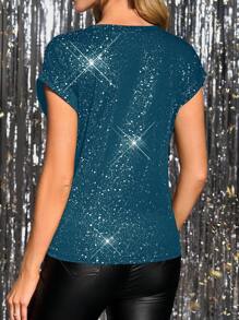Gownix Women Glitter Sequins Loose Round Neck Short Sleeve Knot Hem T-Shirt Party, New Years Eve Party Glittery Top, Summer Holiday Top New Years Women New Years Top Party Tops - Teal Blue - View 2