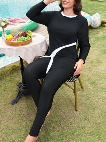 SHEIN Swim Curve Plus Size Women's 2pcs Patchwork Crew Neck Long Sleeve Top And High Waist Long Pants Modest Middle East Burkini Swimsuit Set