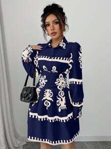 Elenzga Casual Long Sleeve Printed Cinched Waist Women Dress
