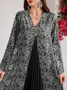 SHEIN Lacomfia Loose Arabic Style Dress With Traditional Print Patchwork And Pleated Crafts,Modest - Black - View 3