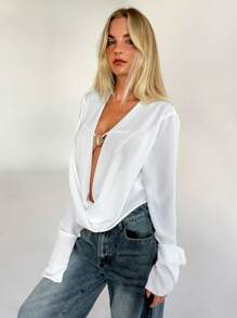 Aloruh 女士性感金属装饰领衬衫，夏季长袖上衣，商务休闲女装外出上衣，女士办公室穿着 - 白色 - 查看 5