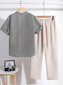 SHEIN 青少年男孩休闲短袖衬衫和长裤套装 - 灰色 - 查看 2