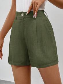 SHEIN Tall Pantalones cortos de lino lisos, casuales y elegantes con nudos de bambú - Verde militar - Ver 3