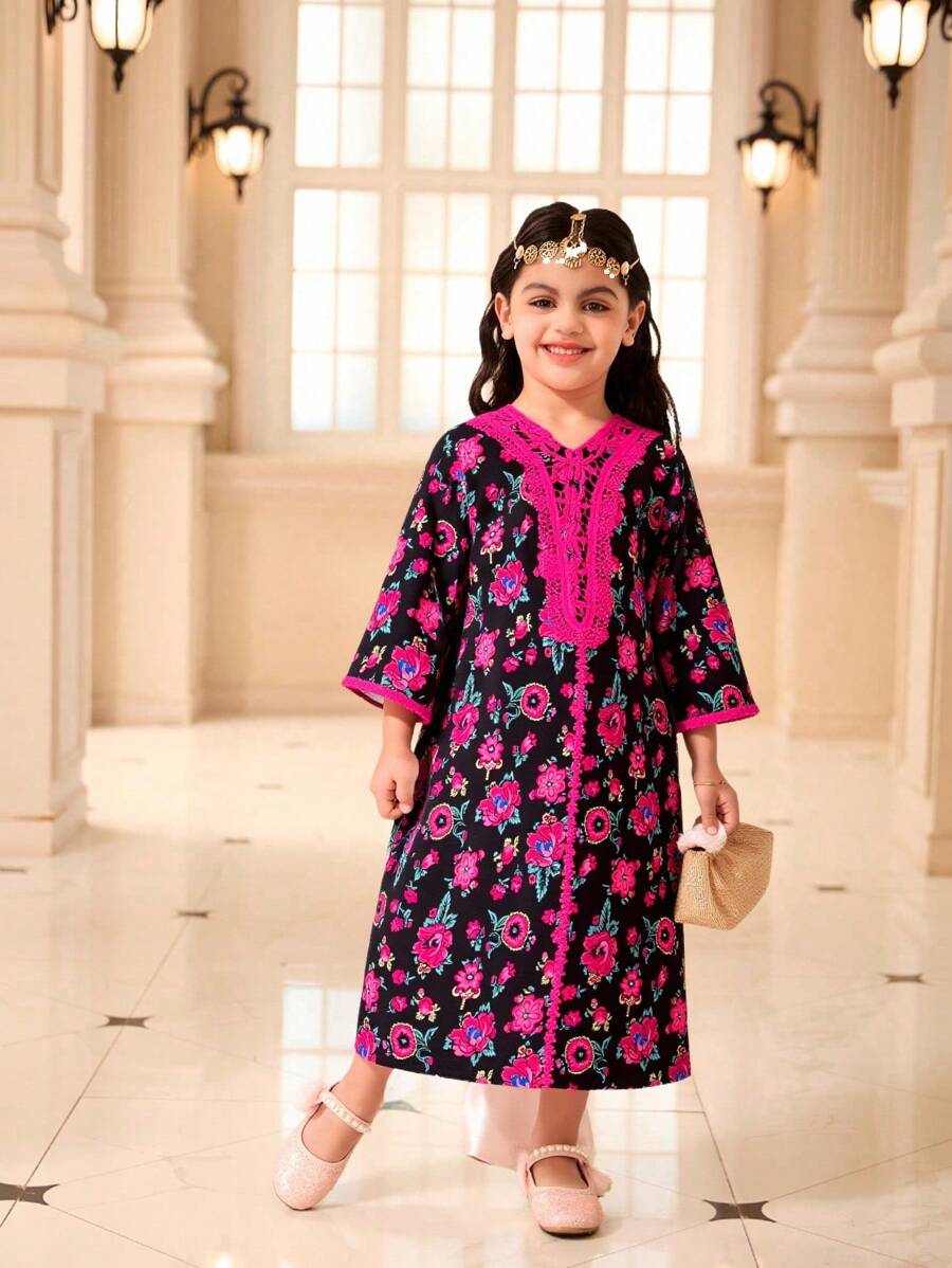 Young Girl' Eastern Floral Print Ruffle Trim Dress, Suitable For Ramadan - Multicolor - View 1
