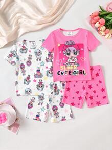 4 Stücke/Set Mädchen Cartoon Mädchen Muster T-Shirt & Shorts Schlafanzug Set, süß und niedlich für Kleinkind/Kind, elastisch und bequem, Sommer