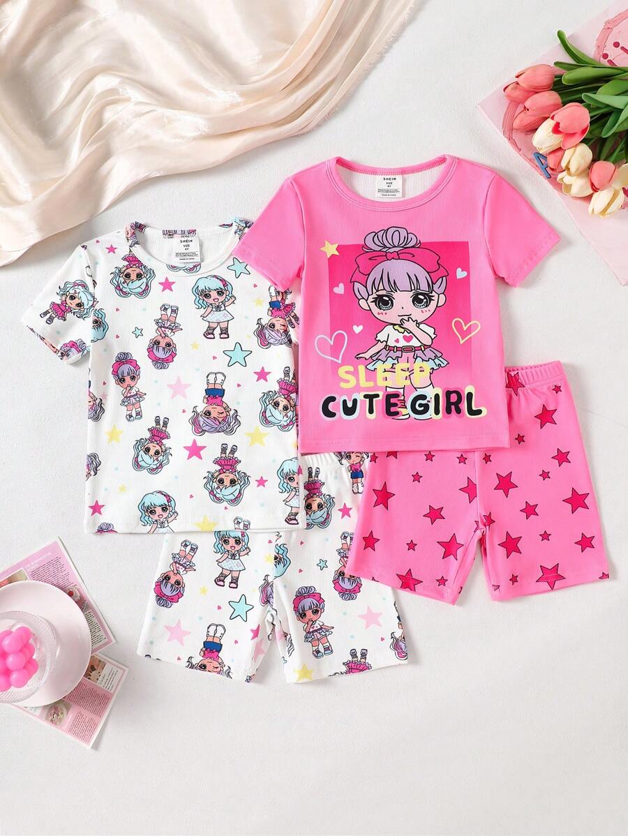 4 Stücke/Set Mädchen Cartoon Mädchen Muster T-Shirt & Shorts Schlafanzug Set, süß und niedlich für Kleinkind/Kind, elastisch und bequem, Sommer