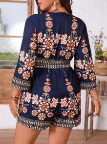 Breezaya Plus Size Women V-Neck Patterned Elegant Romper For Vacation/Daily Wear, Spring/Summer