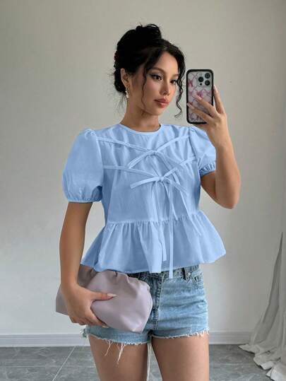 Elenzga Bow Front Puff Sleeve Peplum Blouse Peplum Top