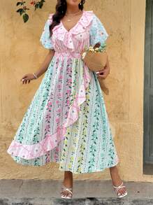 SHEIN Clasi Fashionable V-Neck Ruffle Puff Sleeve Vacation French Style Dress - Multicolor - View 1