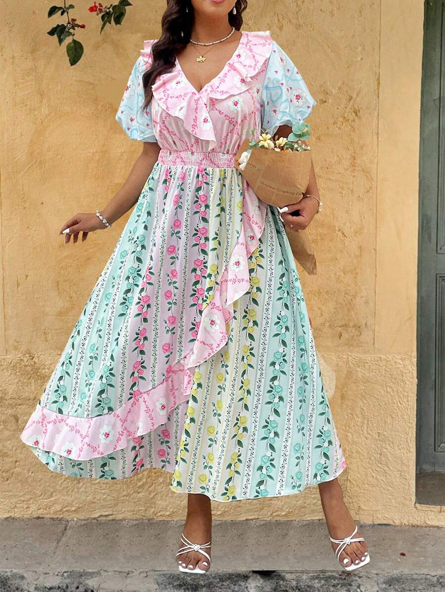 SHEIN Clasi Fashionable V-Neck Ruffle Puff Sleeve Vacation French Style Dress - Multicolor - View 1