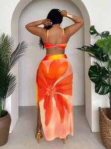 Slaydiva 大码女式 3 件套，随机渐变印花，时尚简约性感裙子，高腰内裤，日常，度假，比基尼套装 - 橘色 - 查看 2