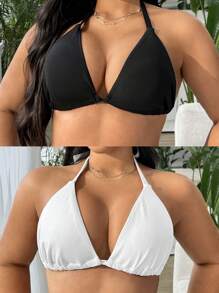 SHEIN Swim Vcay 2pcs/Set Plus Size Adjustable Swimwear Top For Holiday Beach - Black and White - View 1