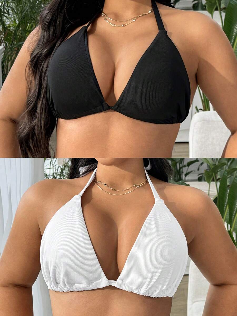 SHEIN Swim Vcay 2pcs/Set Plus Size Adjustable Swimwear Top For Holiday Beach - Black and White - View 1