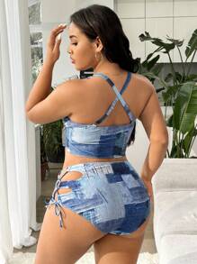 SHEIN Slayr Plus Size Women's Summer Beach Denim Effect Print Halter Tie Sexy Bikini Set - Multicolor - View 2