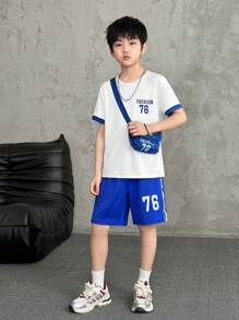 SHEIN 2pcs Toddler Boys'' Letter Print T-Shirt + Striped Athletic Shorts Set With Pouch Bag - White - View 4