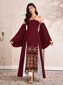 Al Najma 女士优雅拼色拼接几何刺绣露肩吊带喇叭袖阿拉伯风格连衣裙 - 酒紅色 - 查看 1