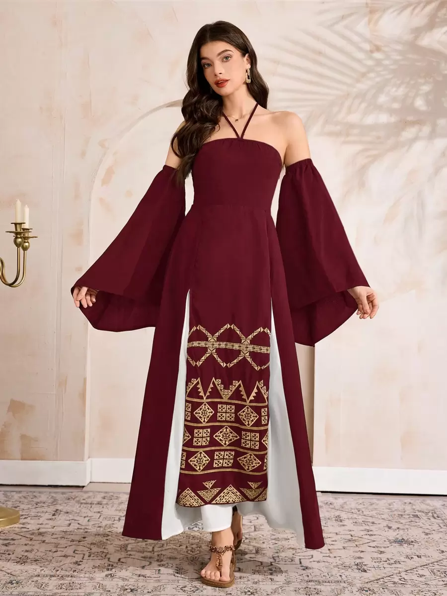 Al Najma 女士优雅拼色拼接几何刺绣露肩吊带喇叭袖阿拉伯风格连衣裙 - 酒紅色 - 查看 1