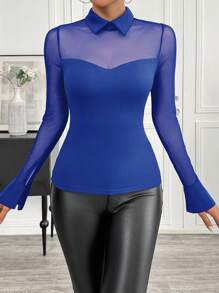 Chiquease Camiseta de manga larga elegante con cuello vuelto, bloqueo de color y malla para mujer