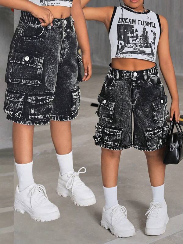 SHEIN SSHEIN Young Girl Y2K Denim Utility Loose Shorts,Kid Girls Spring And Summer Casual Vacation Country Boho Wear, Beach Outfits For Kid Girls,Western Street Wear Middle Pants For Girl