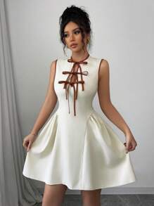 Elenzga Váy ngắn mới dành cho nữ có cổ khoét sâu, thiết kế nơ buộc tương phản, eo và viền nhún, vải có họa tiết, khóa kéo sau lưng, thời trang, trẻ trung & thanh lịch, thích hợp cho tiệc tùng, hẹn hò, mặc hàng ngày, vừa vặn, xuân/hè - Màu be - Xem 4