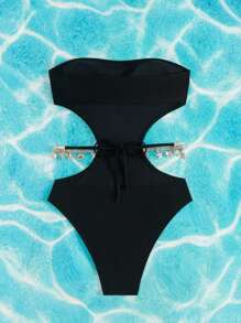 SHEIN Women's Summer Beach One-Piece Swimsuit With Strapless, Shell & Starfish Design, Solid Color