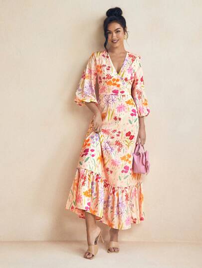 Miriam Omar Pink Floral Print V-Neck Bishop Sleeve Maxi Dress Vacation Casual Summer Dress, Rave, Pastel, Prom Dress, Brunch Outfits, Tea Party Dress