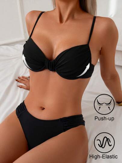 Swim SPRTY Conjunto de 2 piezas de ropa de playa para mujer para el verano - Top de bikini con aros con drapeado y Bottom de bikini, traje de baño sexy negro