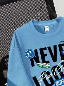 SHEIN 青少年男孩休闲短袖圆领 T 恤，适合夏季 - 淺藍色 - 查看 3