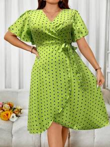 Breezaya 大码女式夏季圆点荷叶边袖裹身连衣裙长款女装