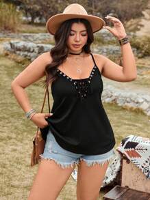 LanaWest Top décontracté à bretelles pour grandes tailles, couleur noire, avec liens