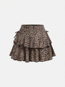 SHEIN Leap Crew 女童复活节编织下摆蛋糕豹纹印花裙 - 棕色 - 查看 1