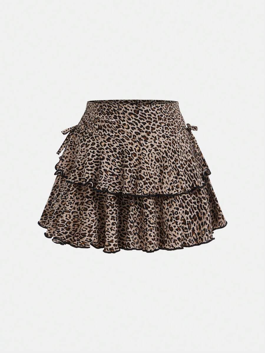 SHEIN Leap Crew 女童复活节编织下摆蛋糕豹纹印花裙 - 棕色 - 查看 1