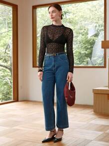 SHEIN Unity Maglietta da donna elegante e sexy, in tessuto trasparente a rete e pizzo, con scollo tondo e maniche lunghe, dalla vestibilità alta ed elastica