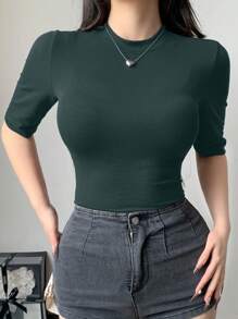 DAZY Women's Summer Stand Collar Half Sleeve Slim Fit Wrap Front Sexy Casual All-Match T-Shirt Easter - Green - View 5