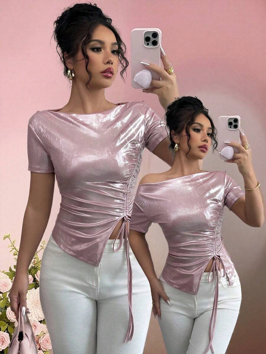 SHEIN Unity Women Off Shoulder Elastic Waist Gold Foil Short Sleeve Light-Colored T-Shirt - Pink - View 1