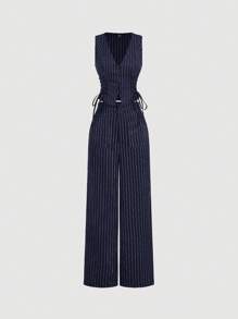 SHEIN MOD V-Neck Sleeveless Side Tie Waist Straight Pants Navy Striped Suit Set,Early Autumn Outfit Back To School Preppy Tops 2pcs Set Navy Pants Old Money Style,Business Casual Women,Office Wear Women Set.Striped Navy Set,Professional Clothes