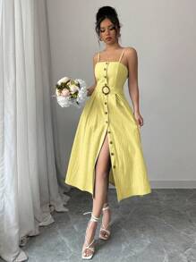 Chiquease Đầm Maxi Cami Thắt Lưng Cài Nút Phía Trước Trang Phục Cho Nữ - Màu vàng - Xem 7