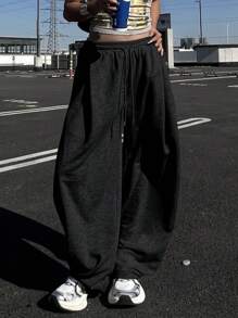 DAZY Women's Loose Pleated Solid Color Casual Sports Pants, Street Style, Summer Sweatpants - Black - View 3