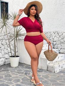 Swim Lushoire Plus Size Satin Shine Halter Style Bikini Top, Suitable For Vacation, Elegant Party For Summer - Burgundy - View 6
