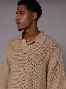 Musero Men Oversized Crochet Knit Short Sleeved Polo Top - Khaki - View 4