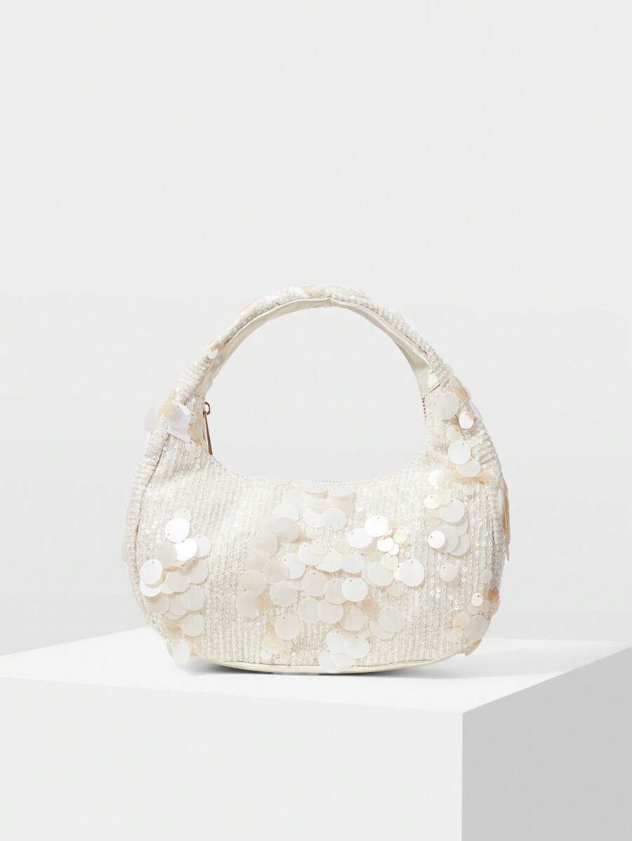 MOTF PREMIUM WOMEN'S FASHION SEQUIN ZIPPER TOP HANDLE BAG, SUITABLE FOR PARTIES - White - View 1