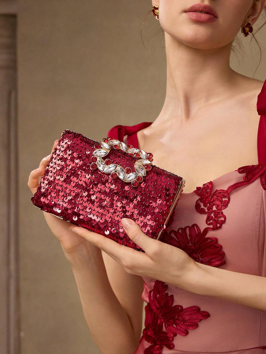 MOTF PREMIUM TÚI XÁCH ĐỰNG BUỔI TỐI TRANG TRÍ SEQUIN & ĐÁ THỦY TINH HỌA THỜI TRANG - Đỏ - Xem 1