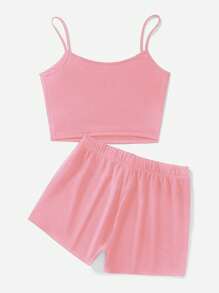 Slaydiva 2 piezas Conjunto casual de top de tirantes con estampado de cerezas y pantalones cortos ceñidos para mujer, adecuado para el verano - Rosa Pálido - Ver 4