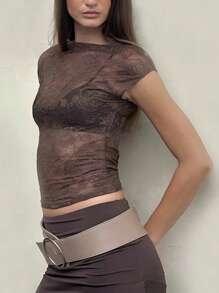 INAWLY Damen Sexy durchscheinende Spitze Muster taillierte kurzärmlige T-Shirt - Braun - Übersicht 5