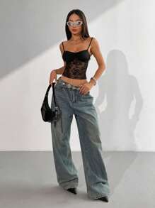 SHEIN Unity Áo hai dây hở vai phối ren đen đa năng - màu đen - Xem 6