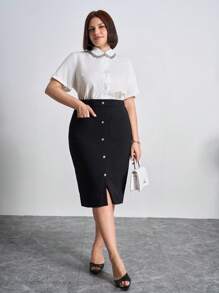 Chikora Women's Button Decorated Pocket Bodycon Plus Size Skirt,Office Outfits For Women - Black - View 3