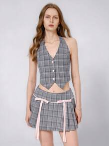 GENKIRA 甜美前卫学院风圆领格纹撞色吊带背心搭配褶皱撞色蝴蝶结装饰裙 2 件套女士 - 灰色 - 查看 3