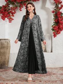 SHEIN Lacomfia Loose Arabic Style Dress With Traditional Print Patchwork And Pleated Crafts,Modest - Black - View 1