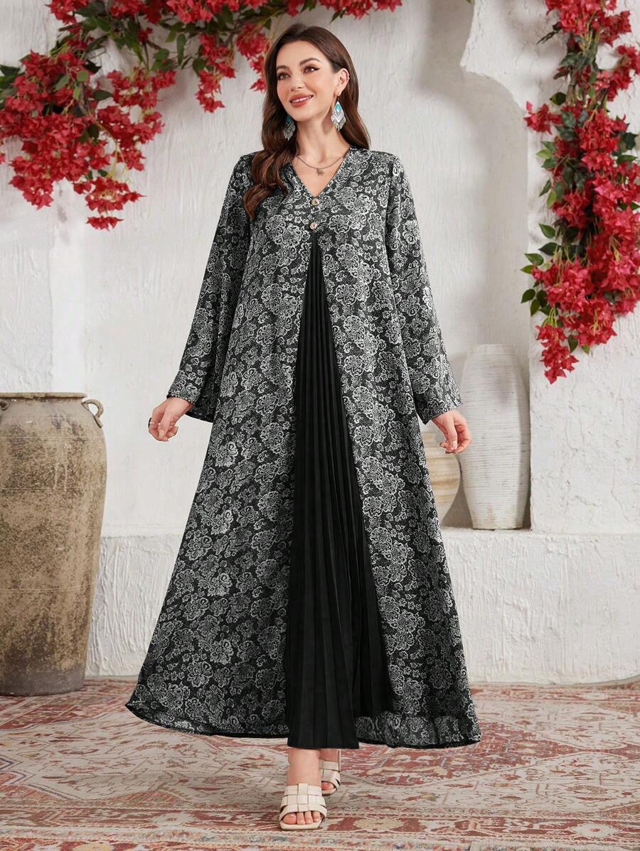 SHEIN Lacomfia Loose Arabic Style Dress With Traditional Print Patchwork And Pleated Crafts,Modest - Black - View 1