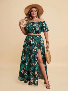 Travachic Kích thước lớn Bản in nhiệt đới Off-shoulder Quần skinny Bộ đồ trên và váy - màu đen - Xem 4